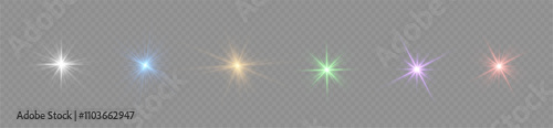 Glowing light burst and transparent back ground. Lights flare, star flash light, colors, sun rays, png. Sun flush with raos or spotlyght and boke. Lance flares network. 