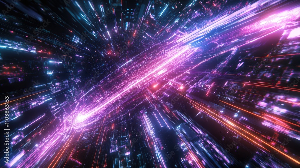 Naklejka premium A global network interface, with continents connected by light trails, floating in a holographic projection; sci-fi theme, metallic and neon palette, ultra-sharp focus 