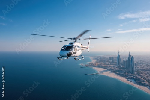 A white helicopter soars above the coastline of Dubai, capturing a breathtaking view of the beaches and urban architecture, symbolizing adventure and exploration.