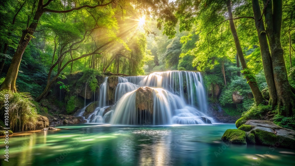Fototapeta premium Serene Long Exposure of a Cascading Waterfall in a Lush Green Forest, Capturing the Tranquility of Nature with Soft Flowing Water and Vibrant Surroundings