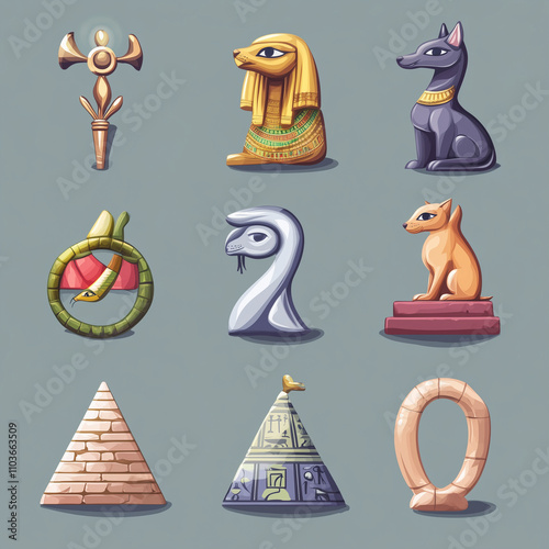 a set of 9 flat game symbols for a slot game. Small egyptian stone carved symbols of an ankh, a cat, a papyrus branch, a scepter, a cobra, a sacred ibis, a sphynx, a dog, the sun and a pyramid. photo