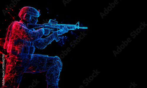 Soldier low poly technology background with abstract polygonal digital design