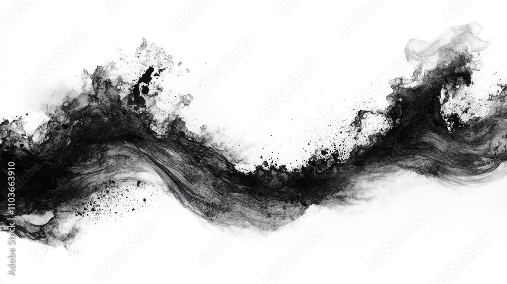 Elegant black watercolor wave with fluid motion and splashes on a pristine white background, creating a striking contrast and artistic flair. Elegant black watercolor wave with fluid motion and splashes on a pristine white background, creating a striking contrast and artistic flair.