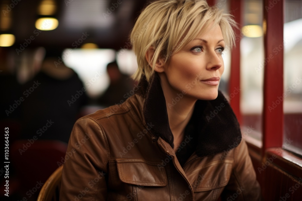 Portrait of a beautiful woman with short blond hair in a brown leather jacket. Portrait of a beautiful woman with short blond hair in a brown leather jacket.
