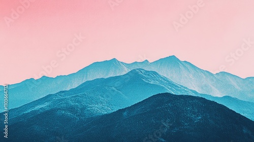 Mountain range silhouetted against a gradient sky of pink and blue, enhanced with a stylish risograph effect for a contemporary visual appeal.