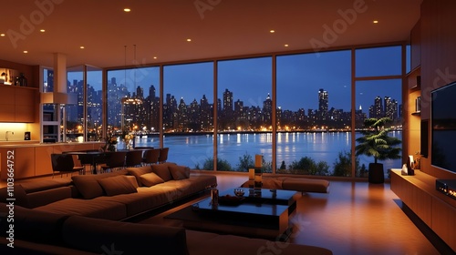 A modern living room with large windows overlooking the city, a night view of the river and bridge, warm lighting, a cozy atmosphere, a comfortable seating arrangement, minimalist decor.