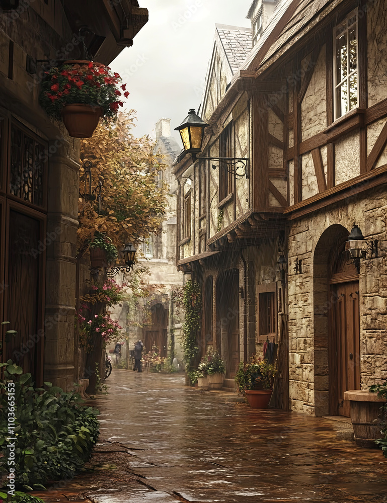 Fototapeta premium Picturesque Mediterranean Village with Floral Accents