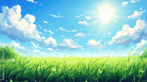 Vast green meadow under a bright blue sky with fluffy white clouds and radiant sunlight, capturing the essence of a vibrant summer day.
