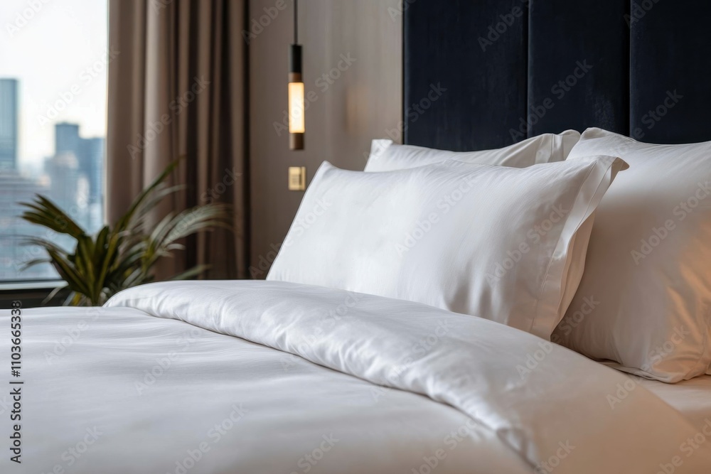 Obraz premium A serene modern bedroom features a plush bed and stylish decor, creating a tranquil environment perfect for relaxation and rejuvenation in urban living.