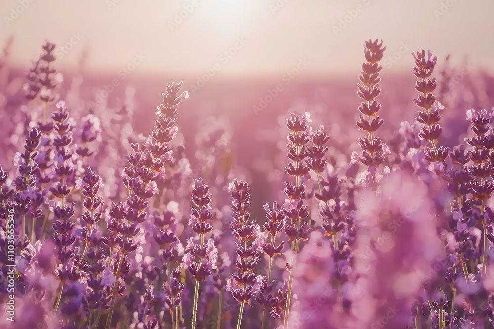 Lavender Field at Sunrise with Soft Purple Blooms and Light Lavender Field at Sunrise with Soft Purple Blooms and Light