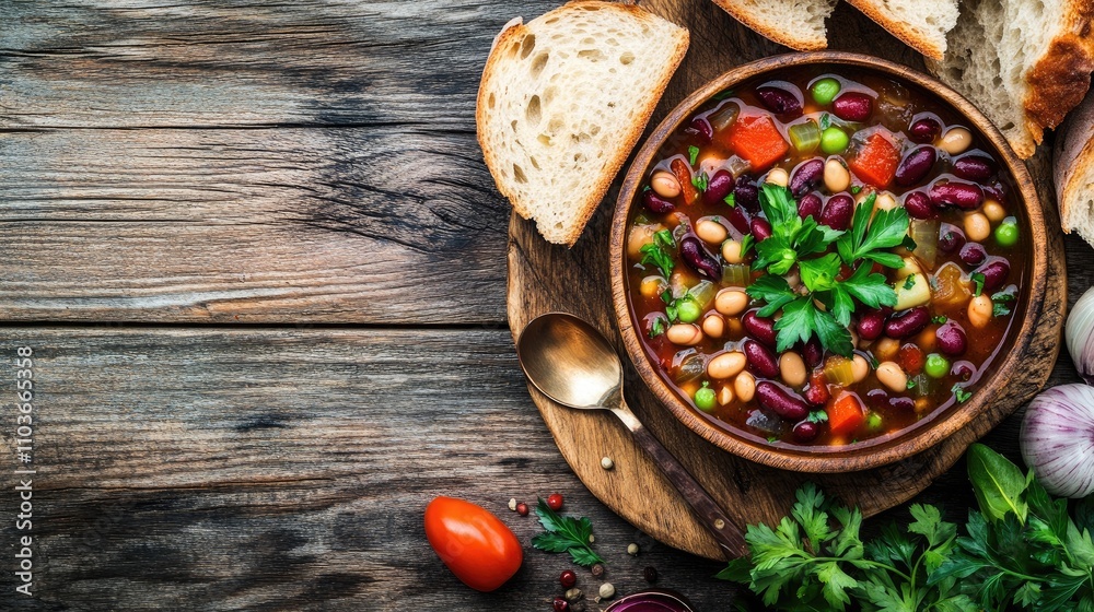 A steaming bowl of minestrone soup filled with fresh vegetables and beans, garnished with parsley, served with crusty bread on a rustic wooden table A steaming bowl of minestrone soup filled with fresh vegetables and beans, garnished with parsley, served with crusty bread on a rustic wooden table