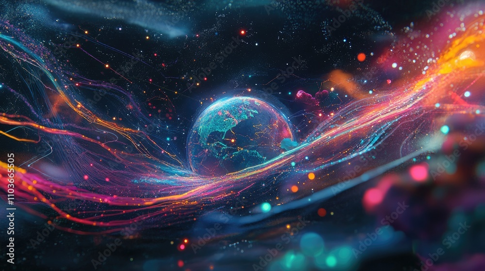 Fototapeta premium A global network visualized as flowing light trails over a transparent Earth, surrounded by a starry cosmos; digital surrealism, vibrant hues 