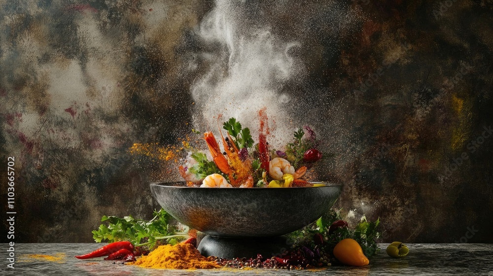 A steaming bowl of spicy shrimp soup set against a backdrop of Thai spices and herbs, emphasizing the rich flavors and culinary heritage of the dish A steaming bowl of spicy shrimp soup set against a backdrop of Thai spices and herbs, emphasizing the rich flavors and culinary heritage of the dish