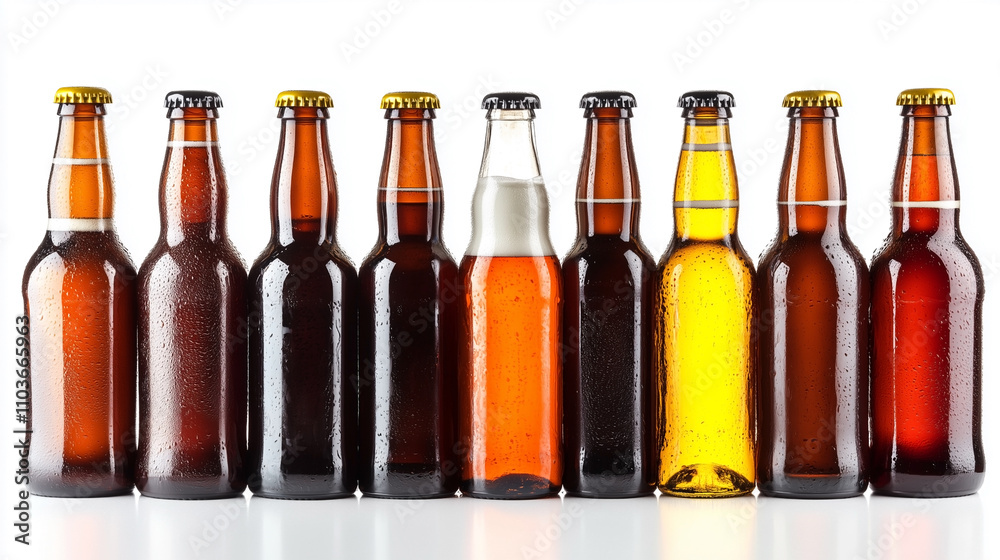 A row of beer bottles with a white label A row of beer bottles with a white label