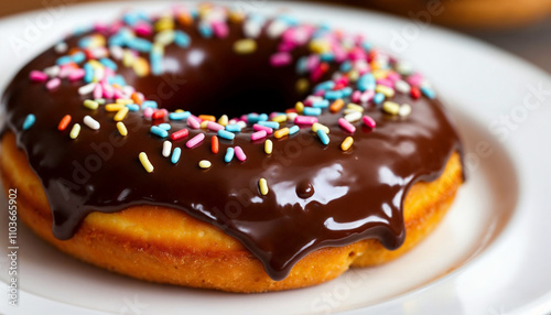 A chocolate donut with a glossy glaze, colorful sprinkles, and soft lighting.