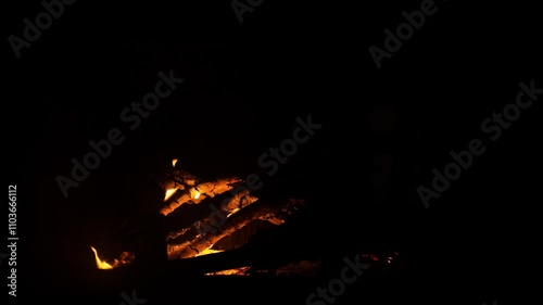 The fireplace in the house burns like a bonfire on natural wood and branches from the forest. The fire is actively burning, a tree falls and flares up