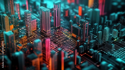 Vibrant 3D abstract depiction of a smart city, featuring interconnected dots and gradient lines representing big data and advanced connectivity technology.