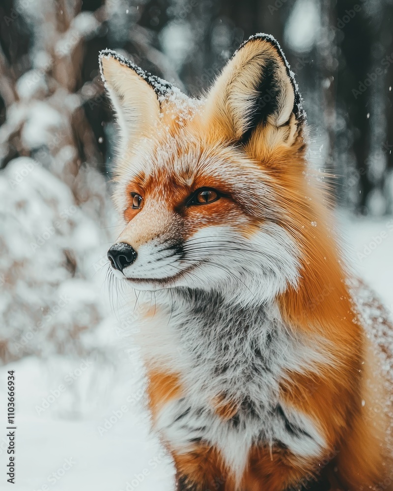 Fototapeta premium Captivating Portrait of a Red Fox in Snowy Winter Forest Scene