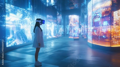 A futuristic scene of a girl in a VR headset walking along a futuristic street with large holographic screens and glowing architectural features