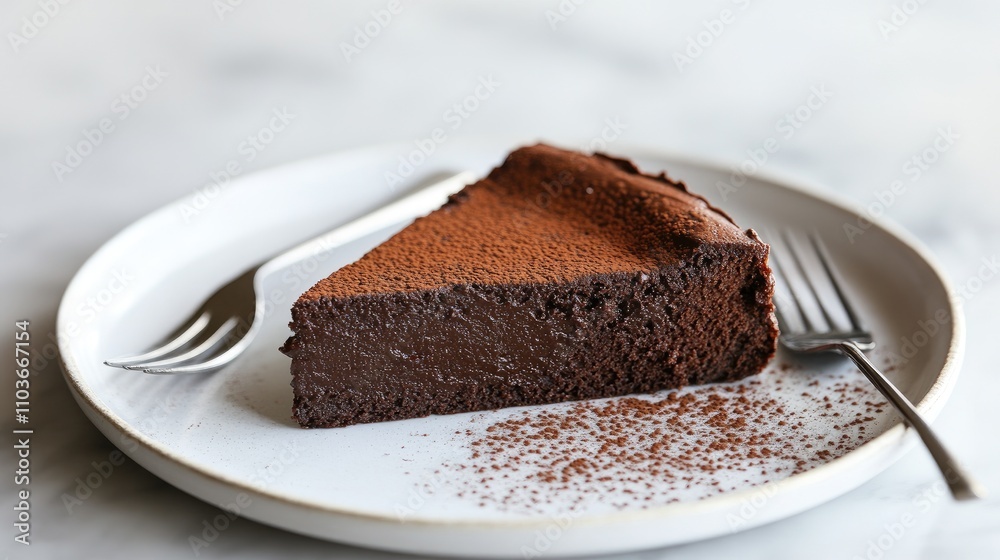 A tempting slice of chocolate cake, with creamy frosting and a dusting of cocoa powder, set on a white plate with a fork beside it, evoking indulgence A tempting slice of chocolate cake, with creamy frosting and a dusting of cocoa powder, set on a white plate with a fork beside it, evoking indulgence