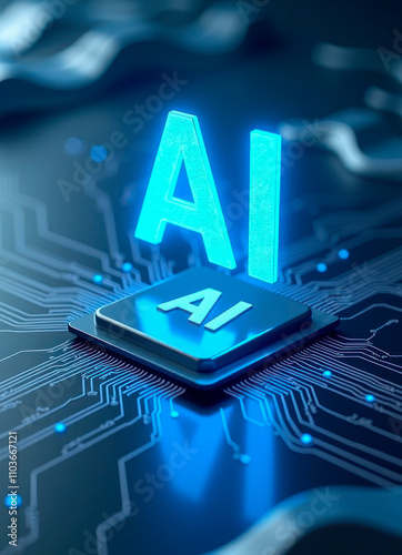 Concept high-resolution image of an AI chip, selective focus