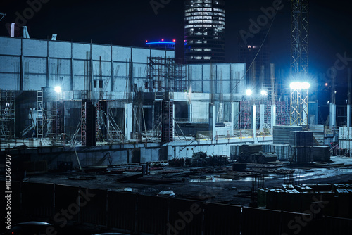 Reinforced concrete pillars, foundations, reinforcement rebars and other building stuff illuminated with industrial spotlights. Construction site in night time