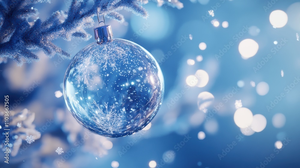 Blue christmas background with glass ornament and falling snowflakes