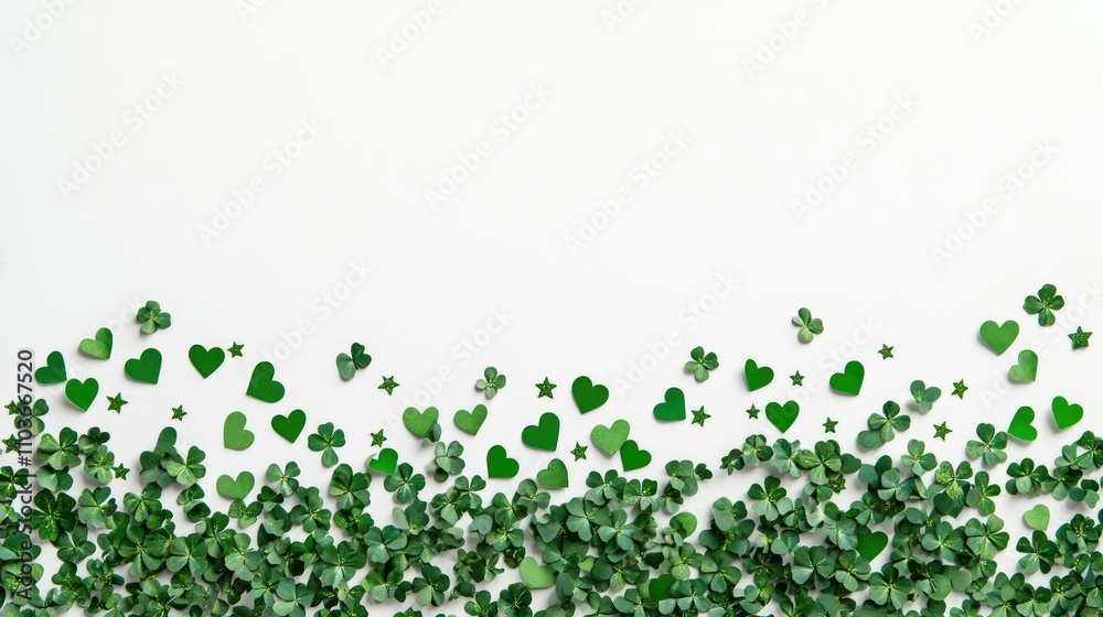 Flat lay design of green hearts and shamrock symbols with star confetti on a white background for a vibrant holiday celebration card Flat lay design of green hearts and shamrock symbols with star confetti on a white background for a vibrant holiday celebration card