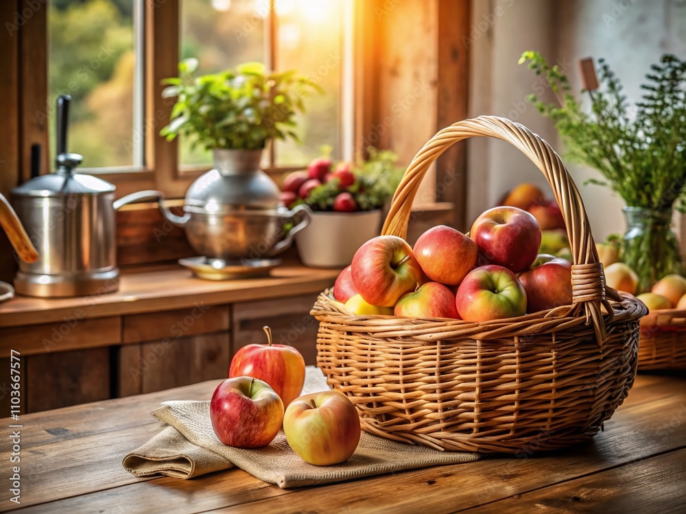 Long Exposure of Ripe Apples in a Rustic Kitchen Basket Surrounded by Natural Light Highlighting Freshness and Warmth of Homegrown Produce Long Exposure of Ripe Apples in a Rustic Kitchen Basket Surrounded by Natural Light Highlighting Freshness and Warmth of Homegrown Produce