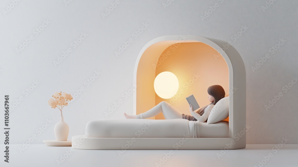 Woman relaxing in bed, reading a book in a cozy alcove. Woman relaxing in bed, reading a book in a cozy alcove.