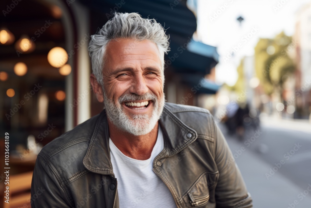 Portrait of a smiling senior man in a leather jacket on a city street. Portrait of a smiling senior man in a leather jacket on a city street.