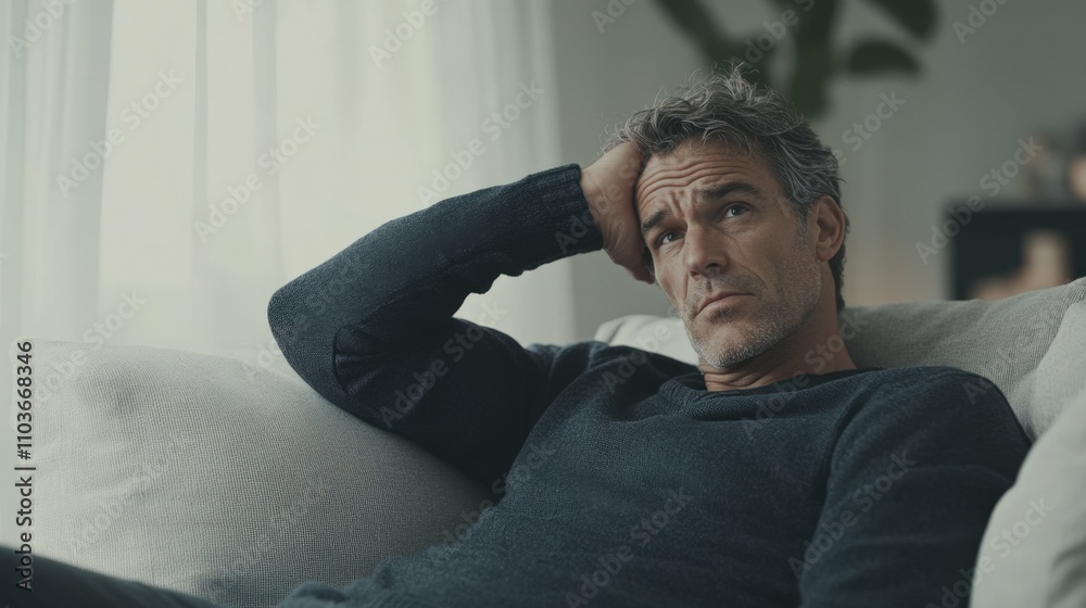 Middle-aged man with a sad expression sitting on a sofa and holding his head in a light minimalist living room soft natural lighting Middle-aged man with a sad expression sitting on a sofa and holding his head in a light minimalist living room soft natural lighting