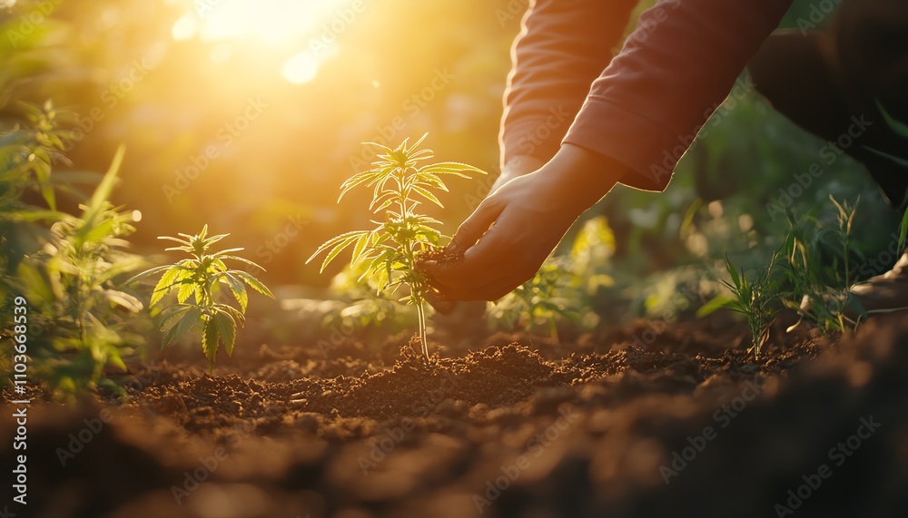 Fototapeta premium A person kneeling in a sunny garden, planting a young cannabis seedling into rich soil, with the sunlight filtering through, symbolizing the nurturing of nature