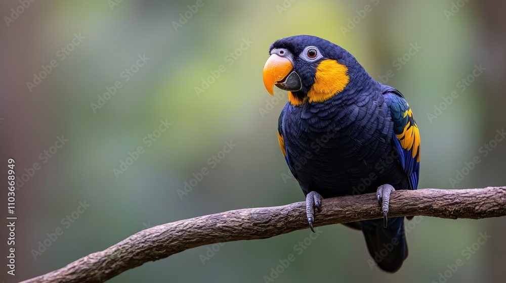 Obraz premium Vibrant Tropical Parrot Perched on Branch in Lush Green Environment