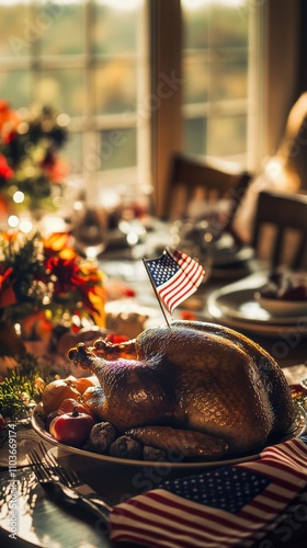 Modern thanksgiving table with turkey and patriotic decorations