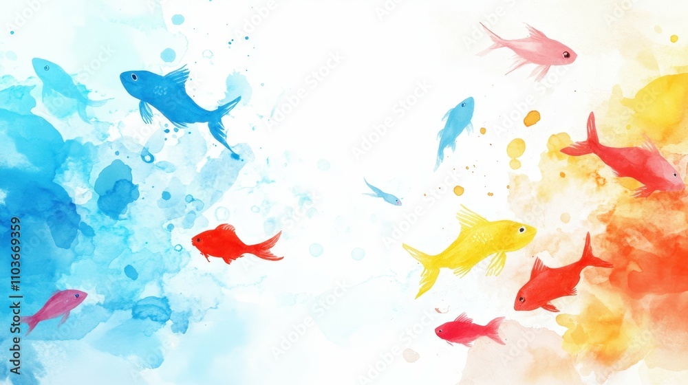 A playful watercolor painting of fish in tropical colors like red blue and yellow swimming with soft watery splashes copy white space in center A playful watercolor painting of fish in tropical colors like red blue and yellow swimming with soft watery splashes copy white space in center