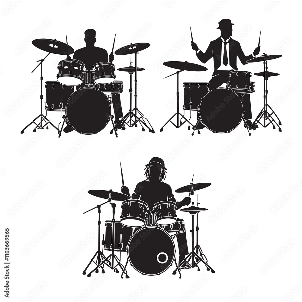 Fototapeta premium set of black drummer musician drumming drums vector silhouettes
