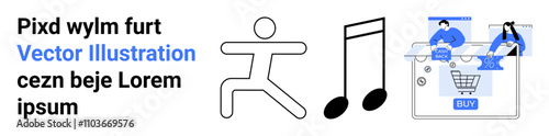 Abstract stick figure beside a musical note next to e-commerce icons with people shopping online. Ideal for fitness, music, e-commerce, online shopping, digital transactions, modern technology