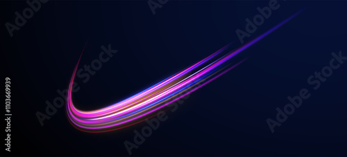 Acceleration speed motion on night road.  Colorful Light Trails, Long Time Exposure Motion Blur Effect. Abstract fire flare trace lens flares acceleration speed motion on night road. 