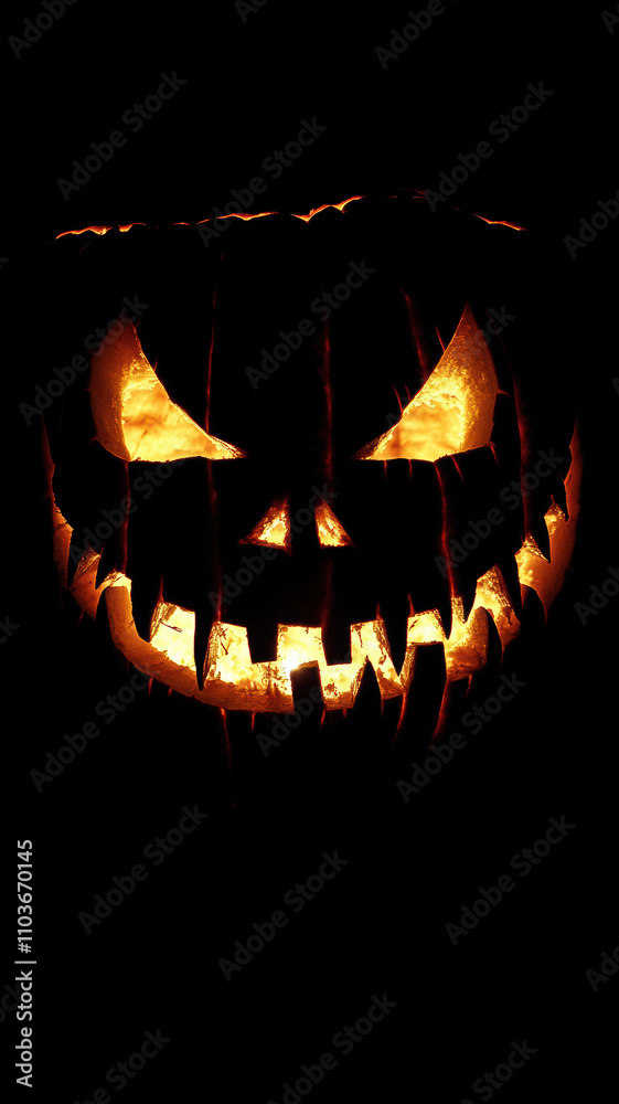 Naklejka premium Fanged jack-o'-lantern isolated in the dark.