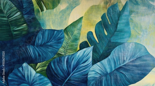 Wallpaper Mural Lush Tropical Leaves in Vibrant Shades of Blue and Green with Soft Background Hues Creating a Calming Atmosphere Torontodigital.ca