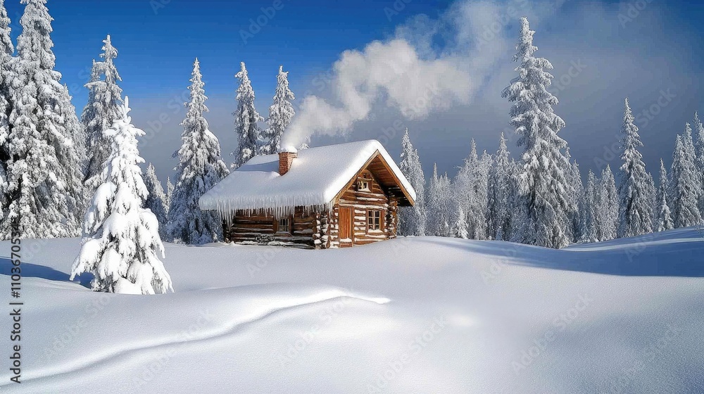 A winter wonderland scene featuring snow-covered pine trees and a quaint cabin with smoke curling from the chimney, evoking a serene Christmas atmosphere A winter wonderland scene featuring snow-covered pine trees and a quaint cabin with smoke curling from the chimney, evoking a serene Christmas atmosphere