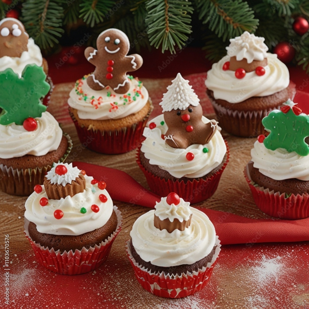 Festive Cupcakes: Sweet Baked Treats with Pink and White Icing, Chocolate Frosting, and Holiday Decorations – Perfect for Christmas, Birthday Parties, and Delicious Snacks on a Plate Festive Cupcakes: Sweet Baked Treats with Pink and White Icing, Chocolate Frosting, and Holiday Decorations – Perfect for Christmas, Birthday Parties, and Delicious Snacks on a Plate