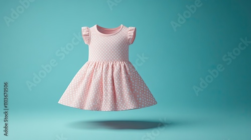 Pink Polka Dot Dress Floating Against Teal Background