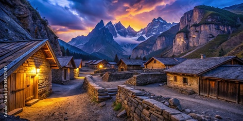Low Light Photography of Rustic Buildings Nestled in a Trench Surrounded by Majestic Mountains at Dusk with Soft Glowing Lights Enhancing the Atmospheric Charm of the Scene