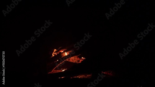 The fireplace in the house burns like a bonfire on natural wood and branches from the forest. The fire is actively burning, a tree falls and flares up