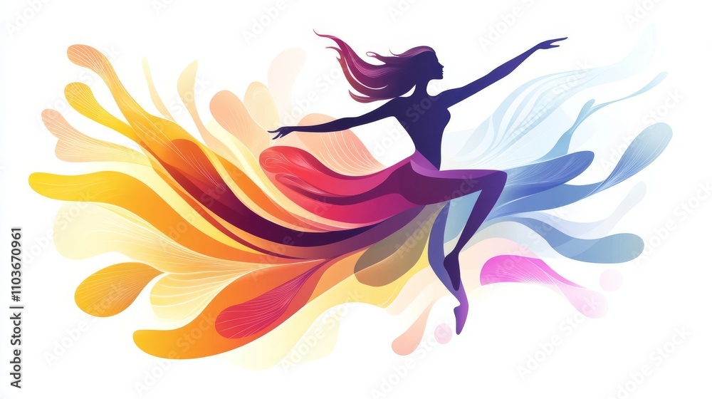 A graceful dancer in mid-pirouette, her silhouette outlined against an abstract background of swirling colors and shapes,Vector illustration with a white background. A graceful dancer in mid-pirouette, her silhouette outlined against an abstract background of swirling colors and shapes,Vector illustration with a white background.