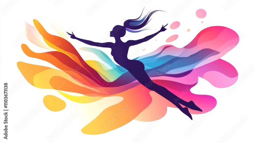 A graceful dancer in mid-pirouette, her silhouette outlined against an abstract background of swirling colors and shapes,Vector illustration with a white background. A graceful dancer in mid-pirouette, her silhouette outlined against an abstract background of swirling colors and shapes,Vector illustration with a white background.