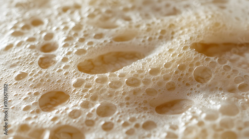 Close-up macro shot of creamy beige foam with many small and large bubbles. Texture is soft and airy, perfect for backgrounds or food/drink imagery. Ideal for beer, soap, or cappuccino.