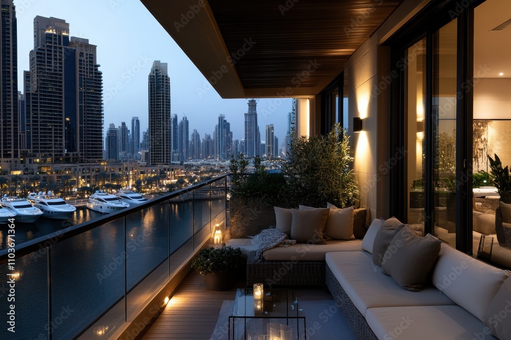 A beautifully designed balcony offers a stunning view of the Dubai Marina at dusk, showcasing the luxurious lifestyle amid a backdrop of modern architecture and shimmering waters. A beautifully designed balcony offers a stunning view of the Dubai Marina at dusk, showcasing the luxurious lifestyle amid a backdrop of modern architecture and shimmering waters.